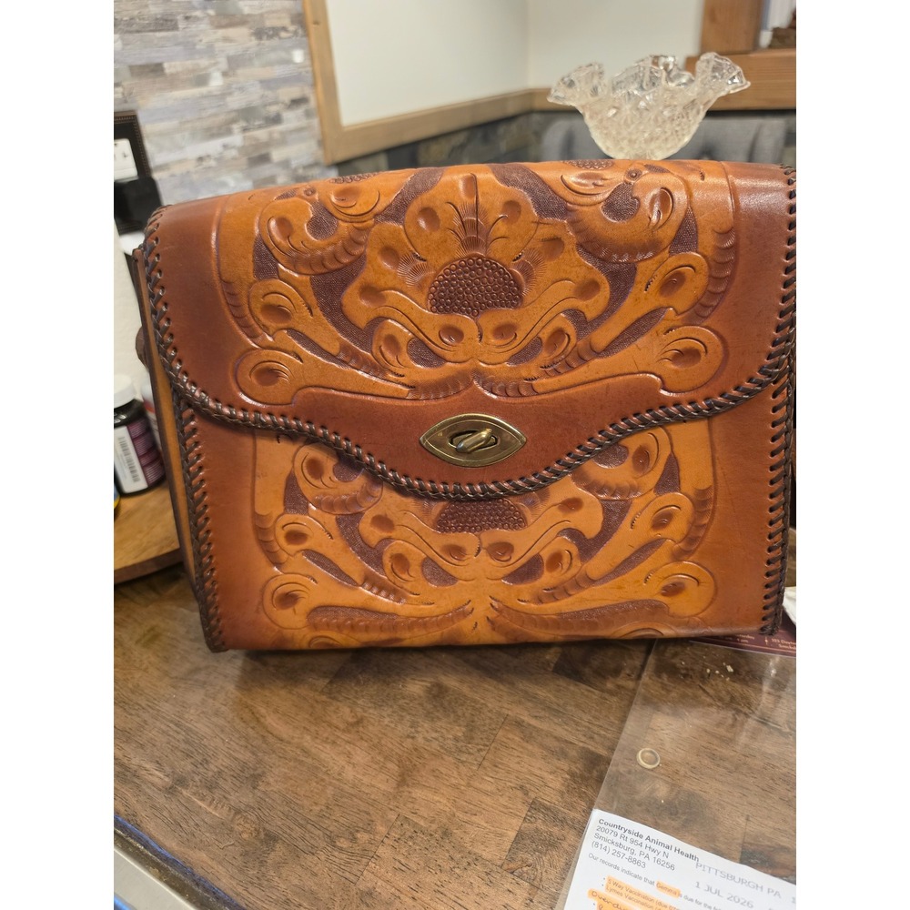 Vintage Jo-o-kay Hand Tooled Leather Crossbody Bag Floral Western Boho Handbag